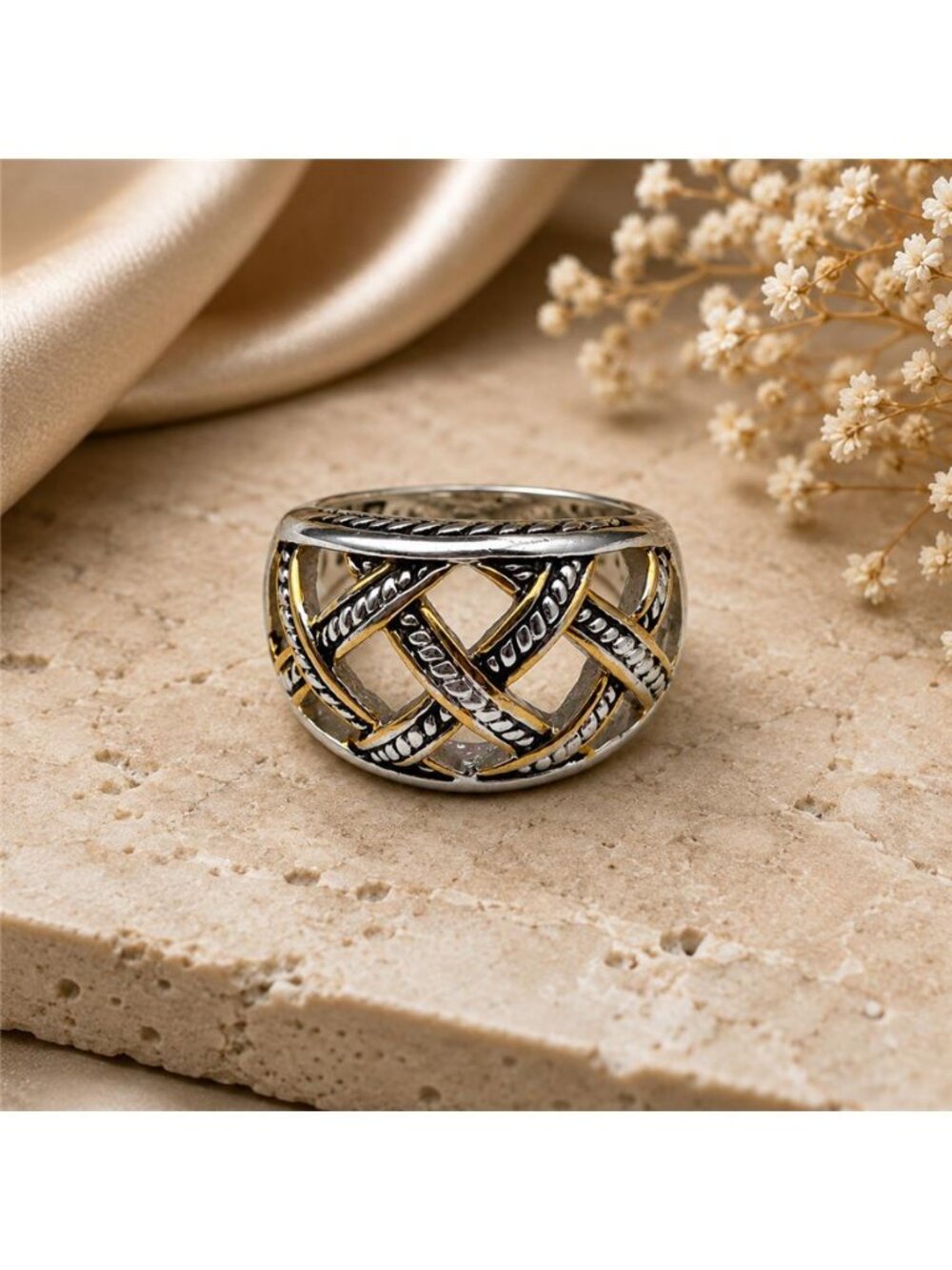 Premier Designs Two Tone Basket Weave Lattice Dome Ring Wide Band Size 8.5